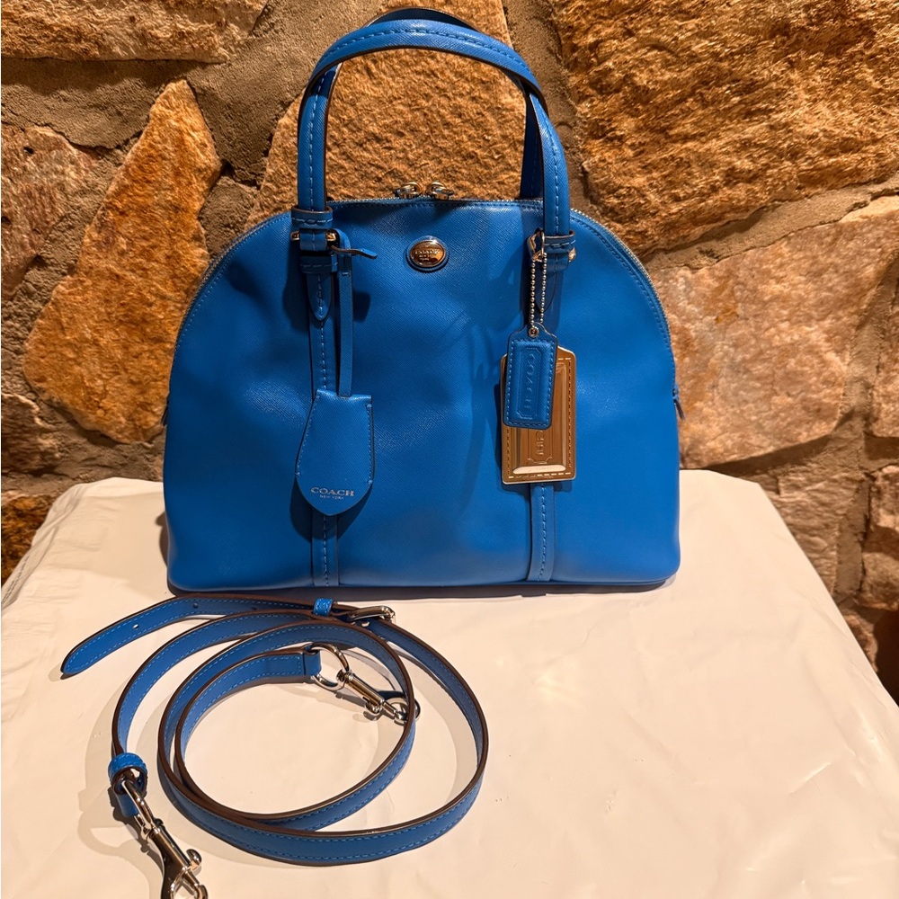 Coach Peyton Leather Cora Domed Satchel in blue saffiano leather - Picture 9 of 17